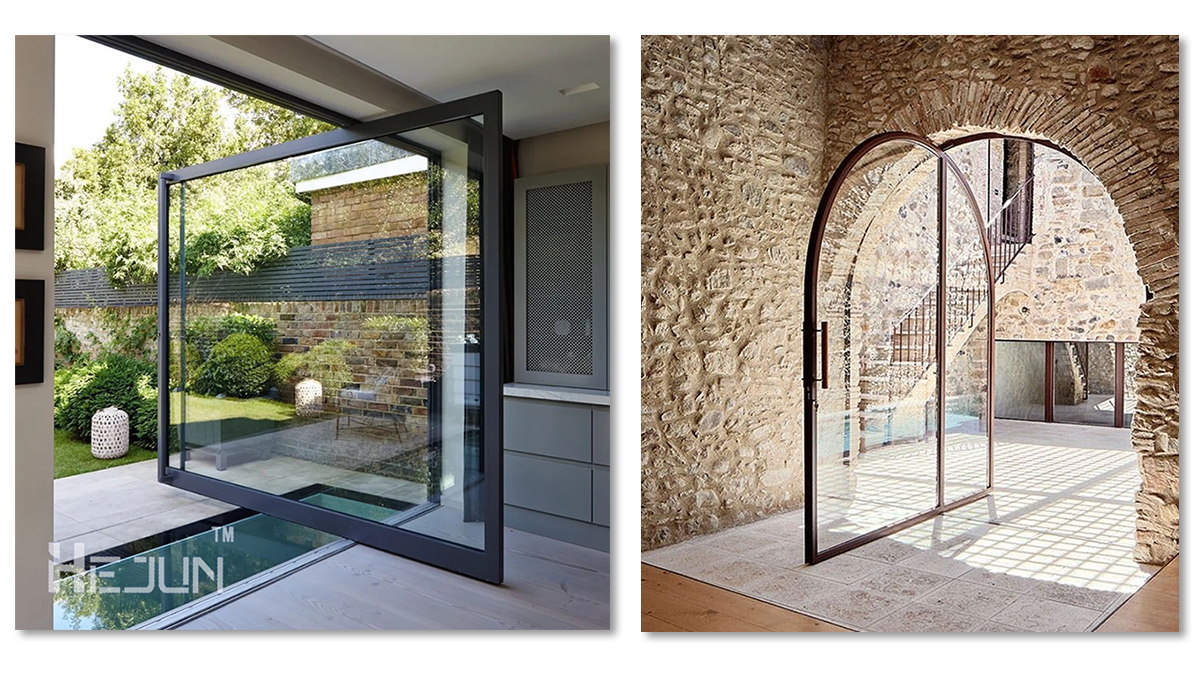 Oversized pivot door with slim aluminum frame and clear glass