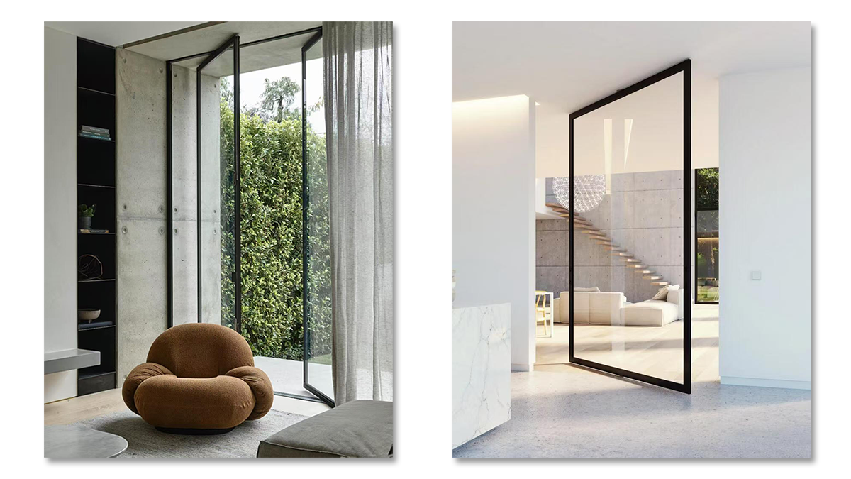 Glass pivot door leading to outdoor patio in minimalist architecture