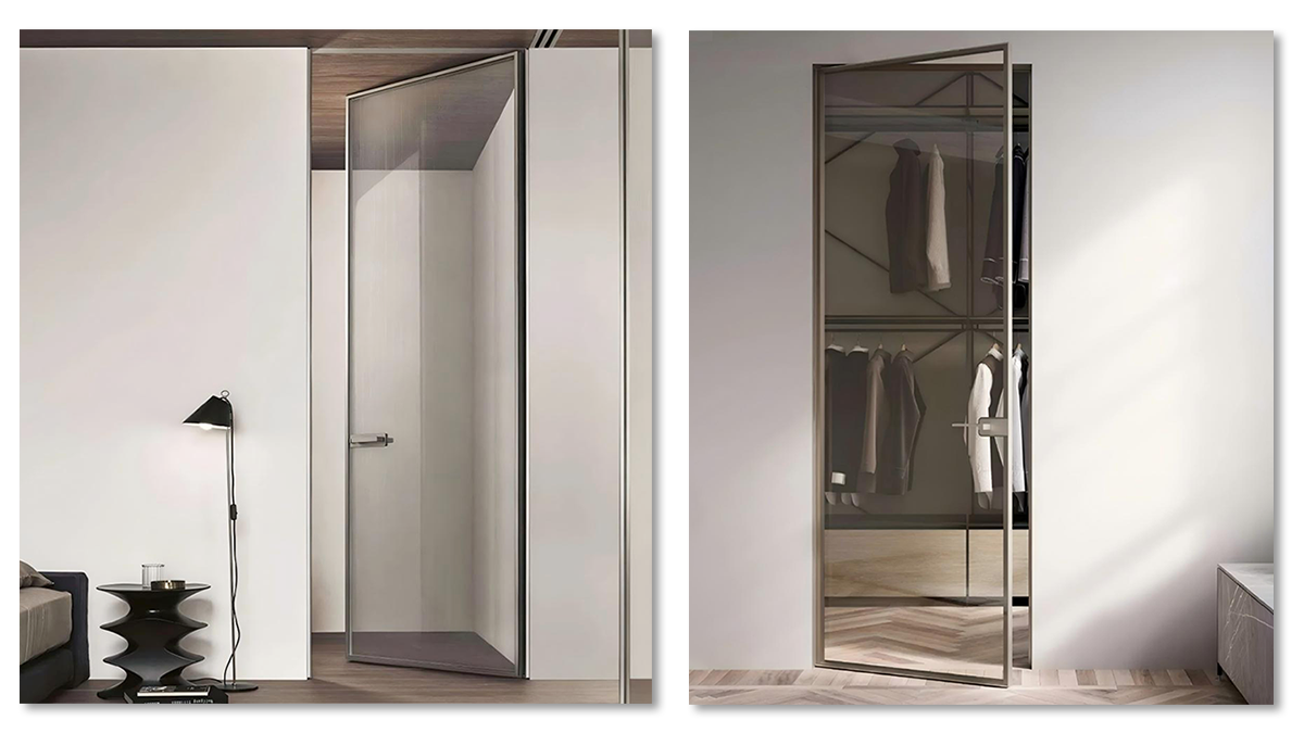 Modern aluminum-framed swing door with clear glass panels