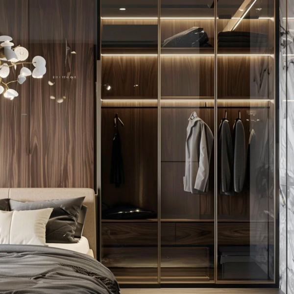 Custom sectional glass and aluminium frame wardrobe with sliding doors