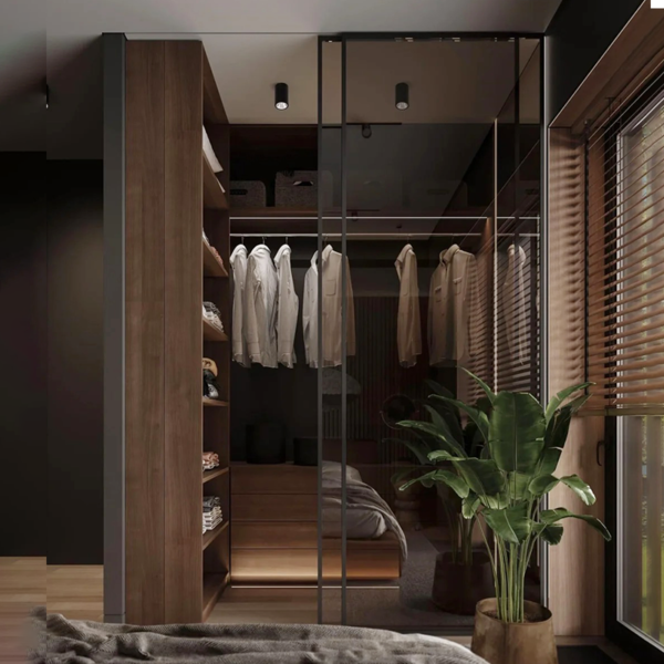 Custom sectional glass and aluminium frame wardrobe with sliding doors