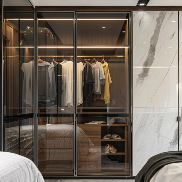Custom sectional glass and aluminium frame wardrobe with sliding doors