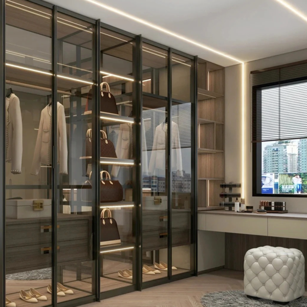 Custom sectional glass and aluminium frame wardrobe with sliding doors - Image 2
