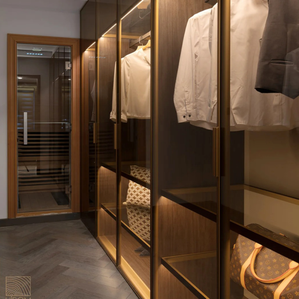 Custom sectional glass and aluminium frame wardrobe with sliding doors - Image 3