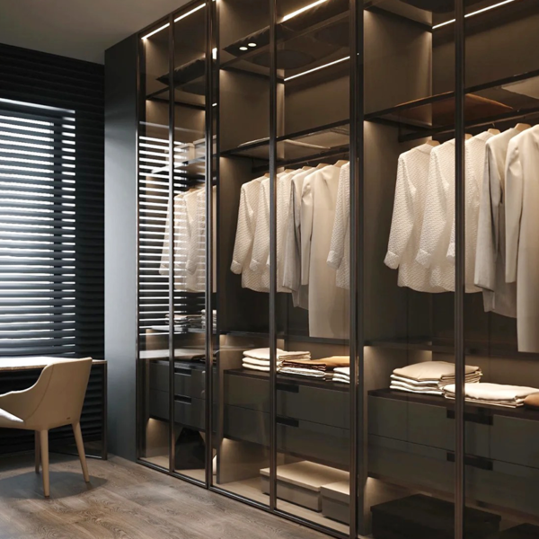 Custom sectional glass and aluminium frame wardrobe with sliding doors - Image 4