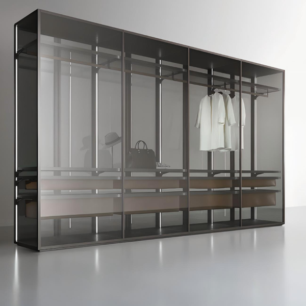 Custom sectional glass and aluminium frame wardrobe with sliding doors