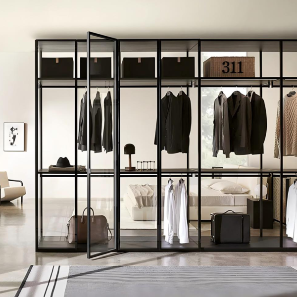 Custom sectional glass and aluminium frame wardrobe with sliding doors - Image 5