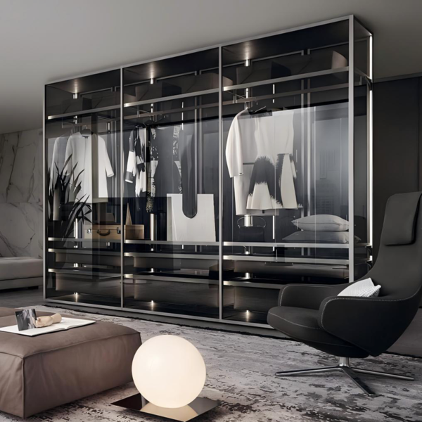 Custom sectional glass and aluminium frame wardrobe with sliding doors