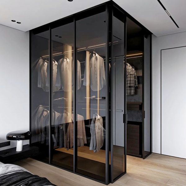 Custom sectional glass and aluminium frame wardrobe with sliding doors - Image 4