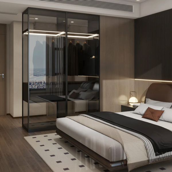 Custom sectional glass and aluminium frame wardrobe with sliding doors - Image 5
