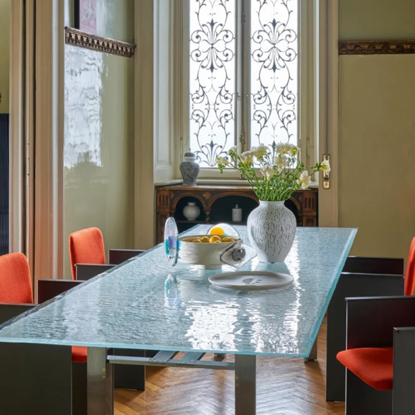 Customized artistic glass large beveled stainless steel angle glass table