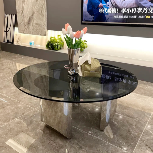 Customized stainless steel angle large beveled gray glass round table