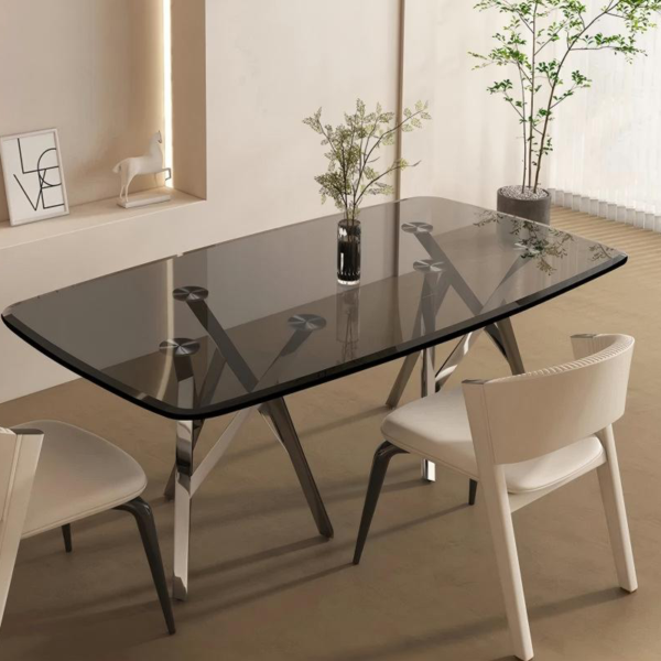 Customized stainless steel angle large beveled gray glass table