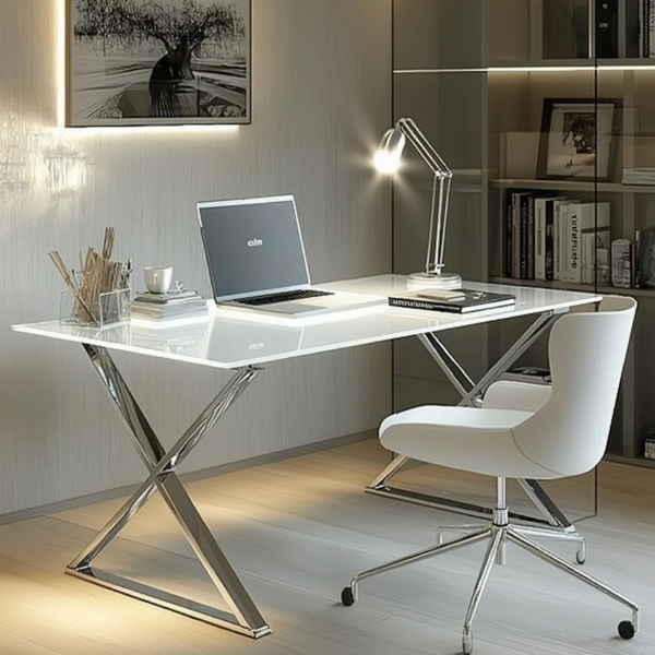 Customized stainless steel angle large beveled gray glass table - Image 4