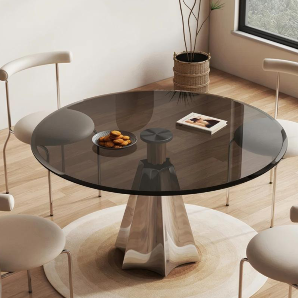 Customized stainless steel angle large beveled gray glass round table
