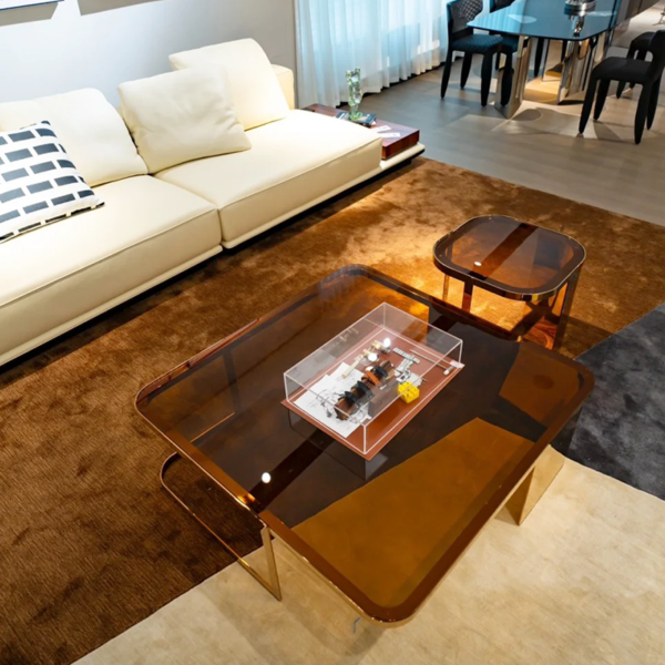 Custom stainless steel framed gold brown glass table