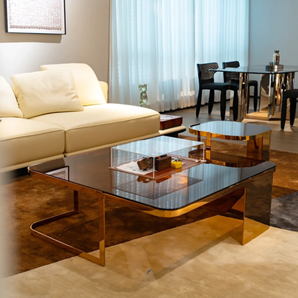 Custom stainless steel framed gold brown glass table - Image 2