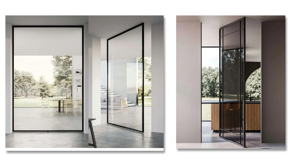 Frameless glass aluminum pivot door in luxury modern home entrance
