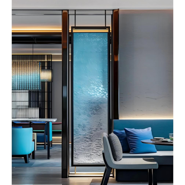 Customized stainless steel frame printing film laminated art glass screen partition wall for hotels restaurant