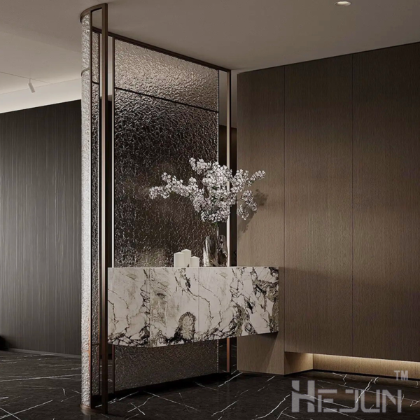 Bespoke stainless steel frame pattern laminated art glass partition divider