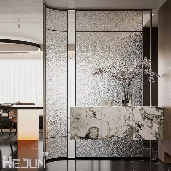 Bespoke stainless steel frame pattern laminated art glass partition divider - Image 2