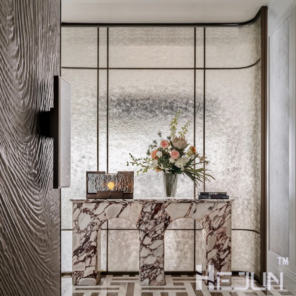 Bespoke stainless steel frame pattern laminated art glass partition divider - Image 3