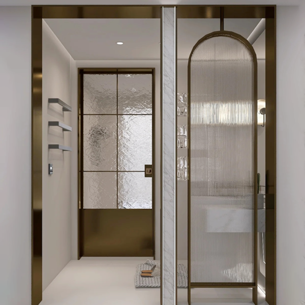 Custom champagne gold stainless steel frame pattern glass partition wall Screen