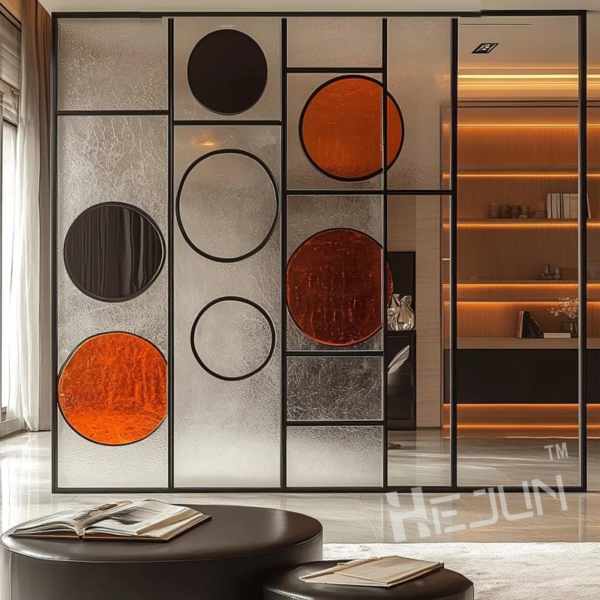 Customized Stainless steel frame geometric graphic art decorative glass partition wall - Image 4